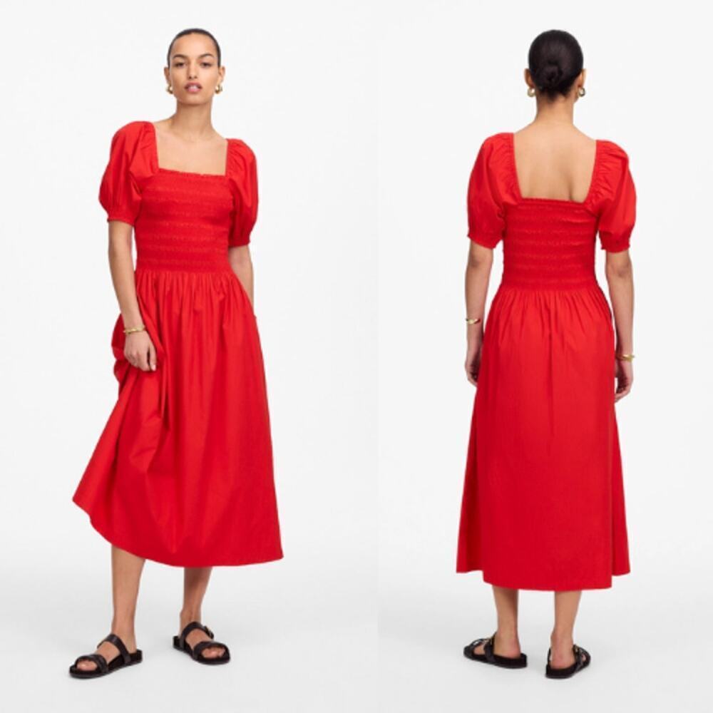Madewell Women's Poplin Smocked Puff Sleeve Midi Dress Nv027 Cerise Size Xxs Nwt